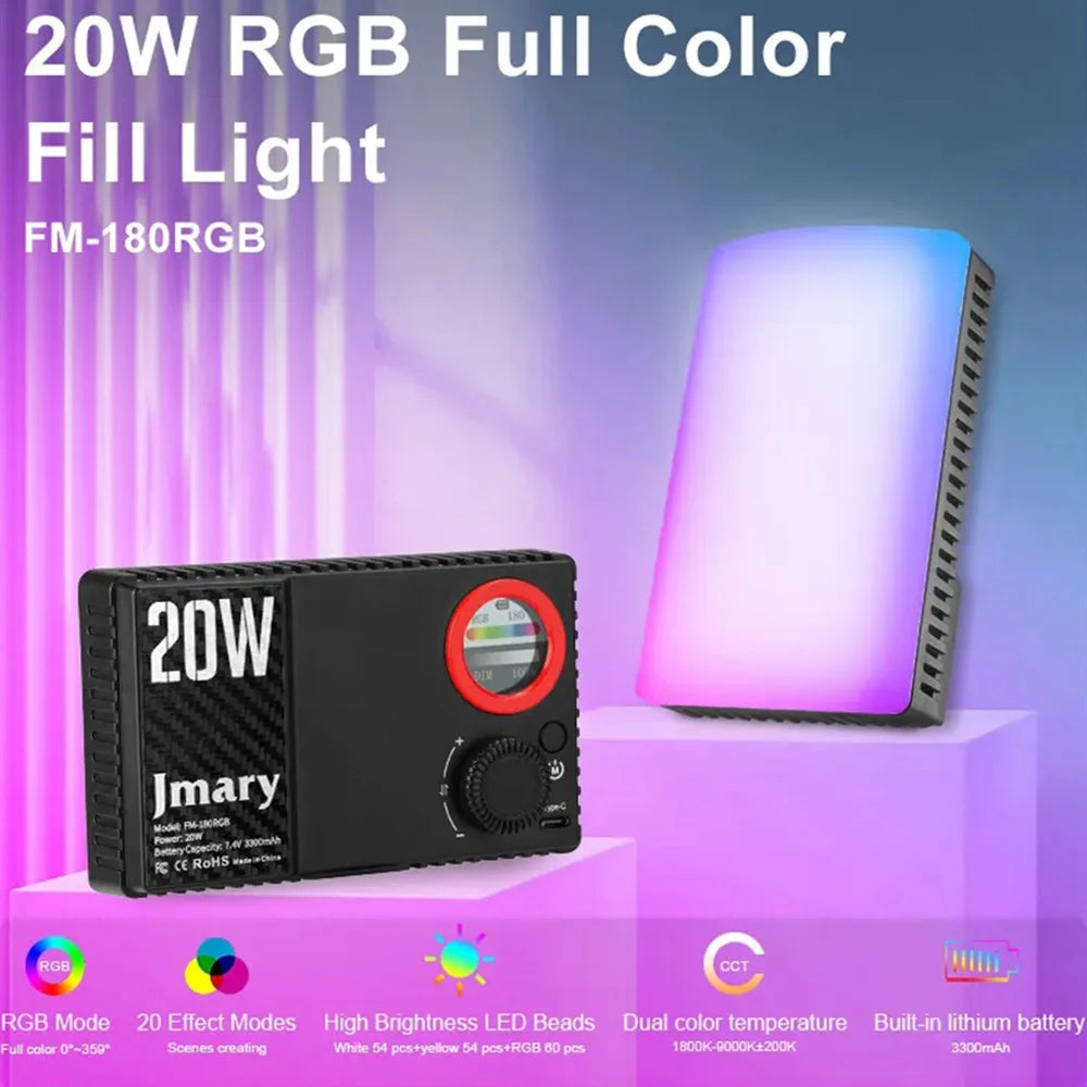 JMARY FM-180RGB RGB LED Video Light 20W 3300mAh Rechargeable Fill Light with Magnetic Diffuser for Photography DSLR Camera - 2