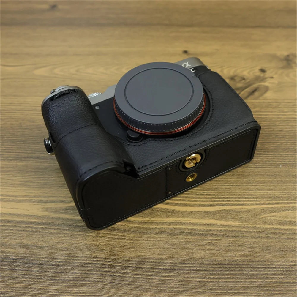 For Sony A7C II / A7CR Camera Bottom Case Retro PU Leather Half Body Cover with Battery Opening - Black - 2