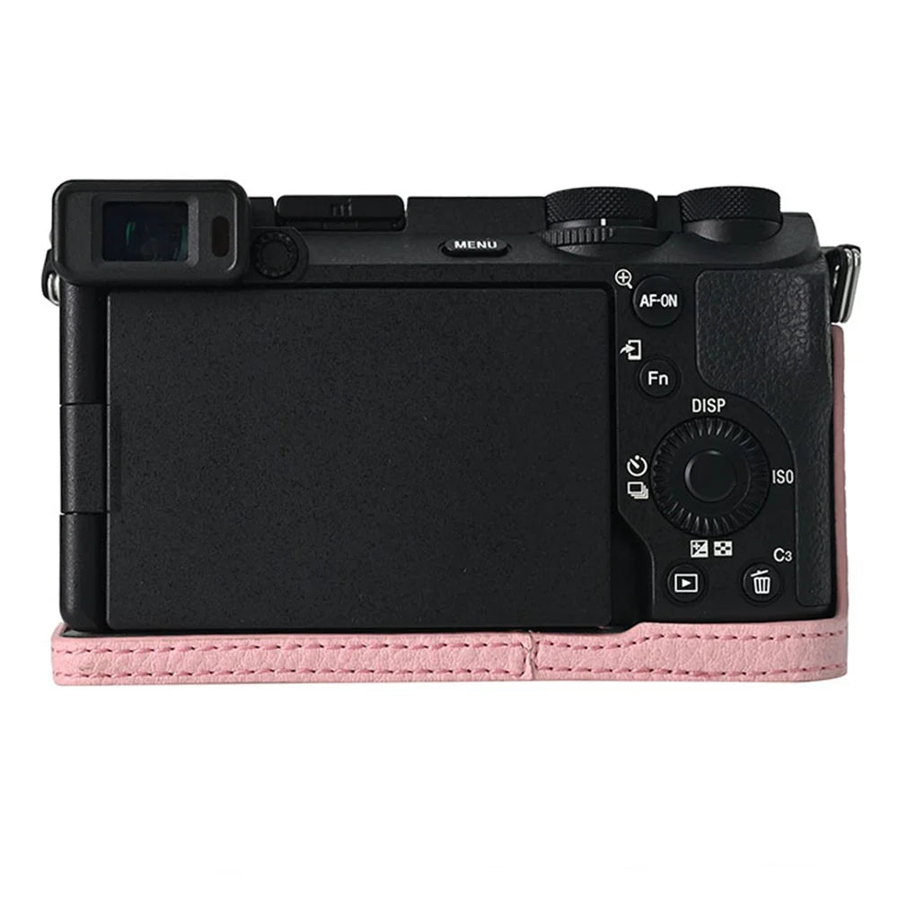 For Sony A6700 Camera Case Large Cutout PU Leather Protector with Shoulder Strap - Pink - 4