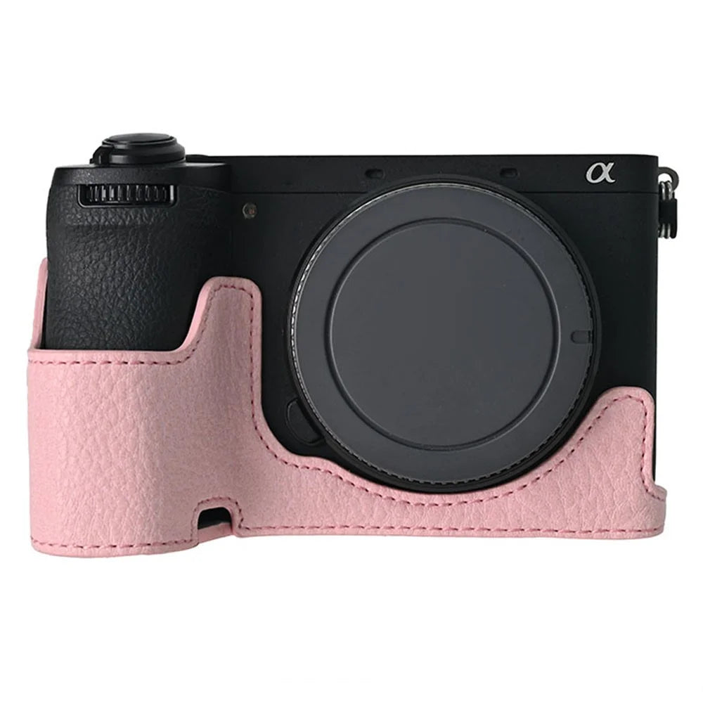 For Sony A6700 Camera Case Large Cutout Litchi Texture PU Leather Protector - Pink - 1