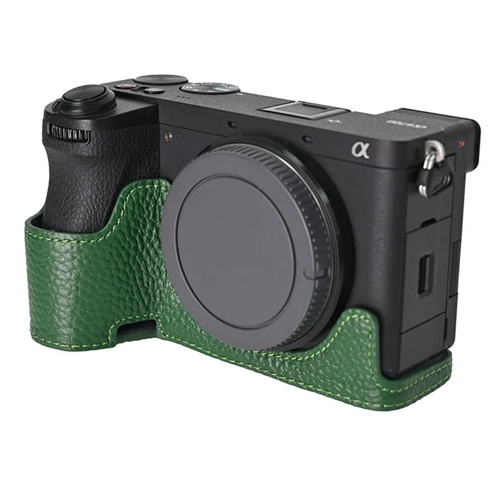 For Sony A6700 Camera Bottom Cover Case Large Opening Design Genuine Cow Leather Protector - Green - 2