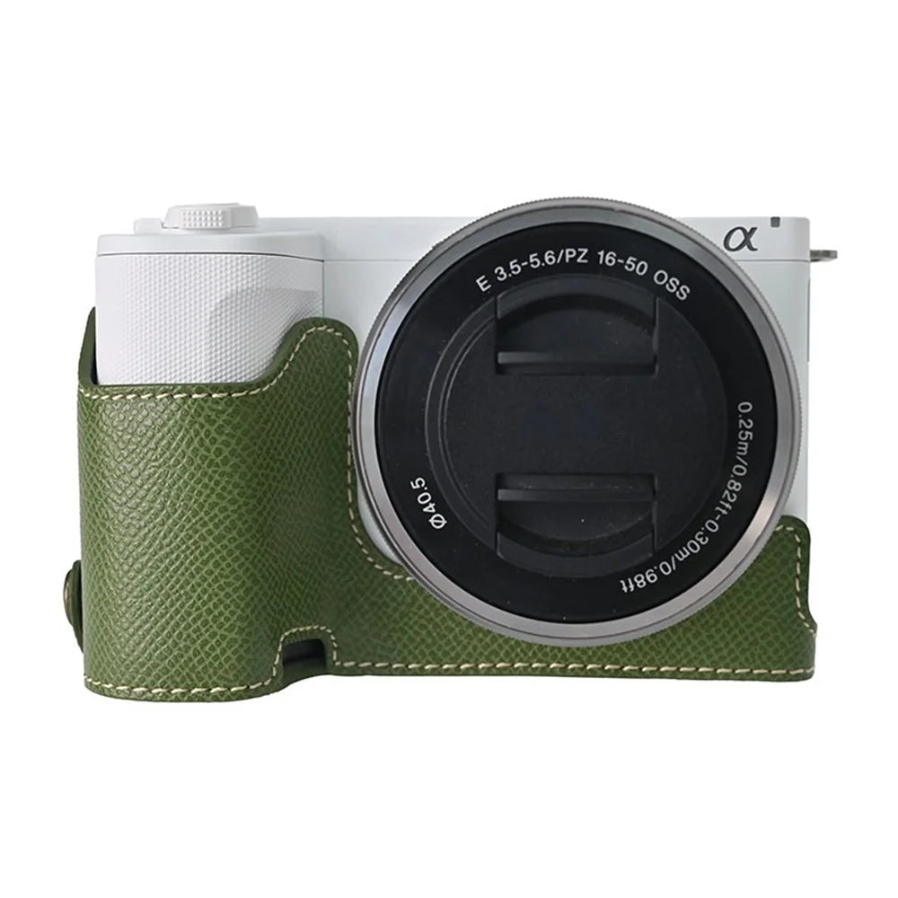 For Sony Alpha ZV-E10 II Textured PU Leather Camera Case with Battery Hole + Strap + Lens Storage Bag - Green - 2