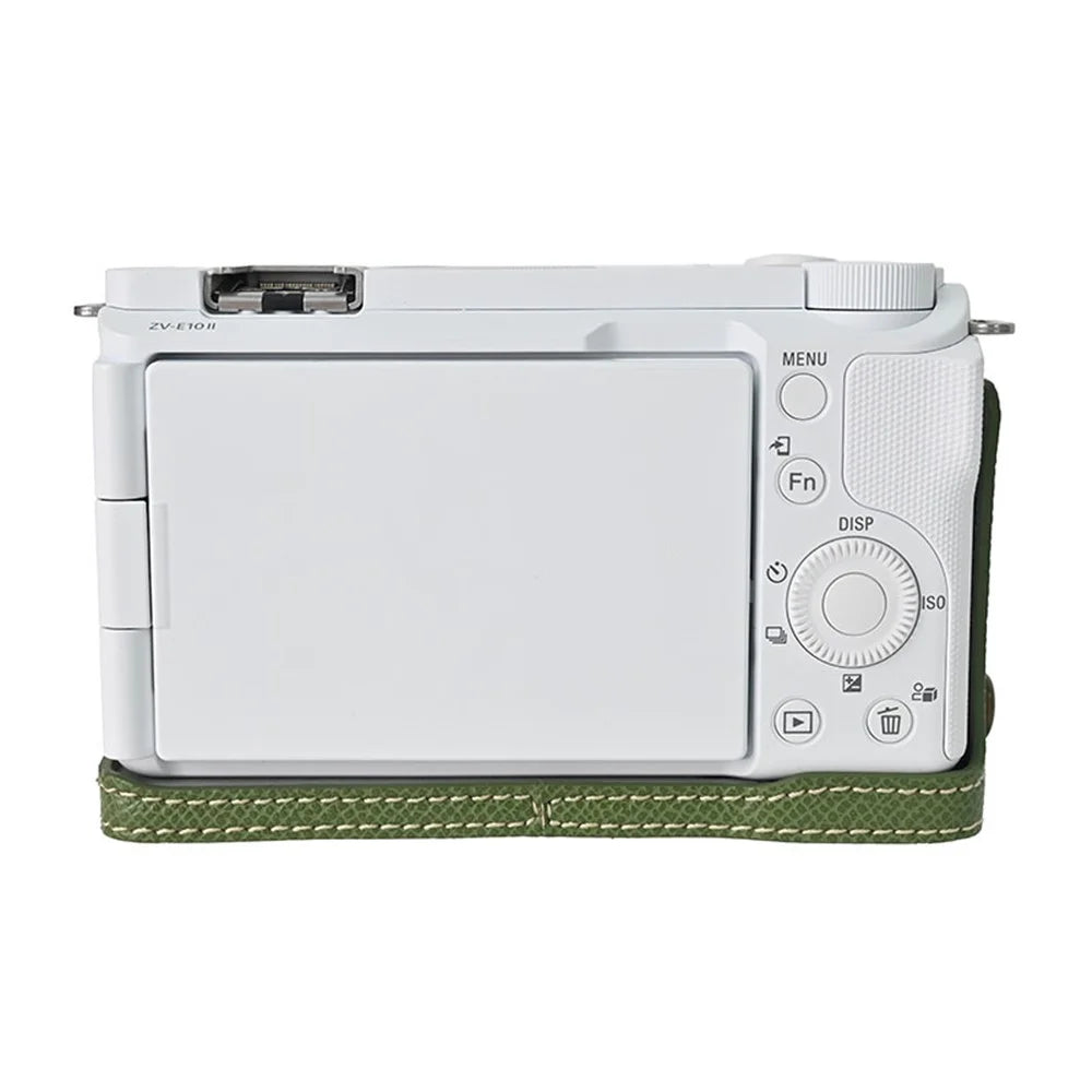 For Sony Alpha ZV-E10 II Textured PU Leather Camera Case with Battery Hole + Strap + Lens Storage Bag - Green - 3