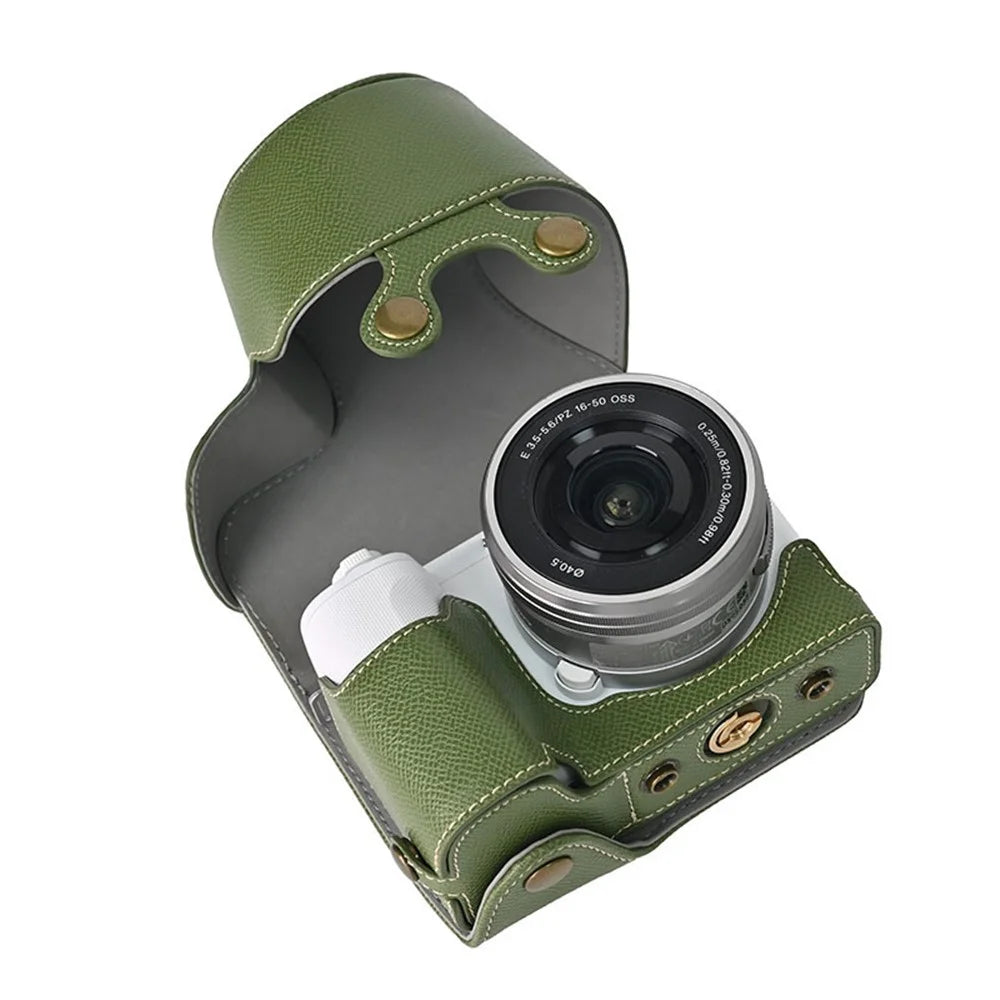 For Sony Alpha ZV-E10 II Textured PU Leather Camera Case with Battery Hole + Strap + Lens Storage Bag - Green - 6
