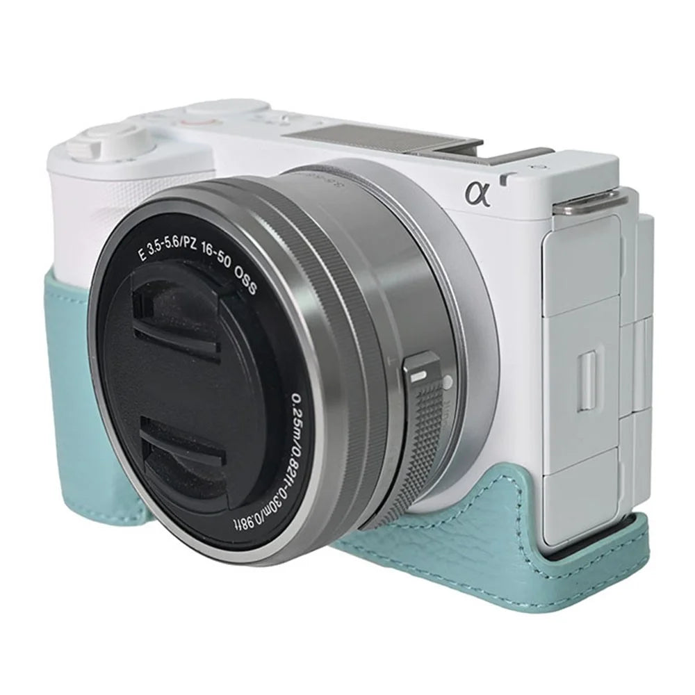 For Sony Alpha ZV-E10 II Camera Case Large Opening Genuine Cow Leather Protector with Shoulder Strap - Blue - 7