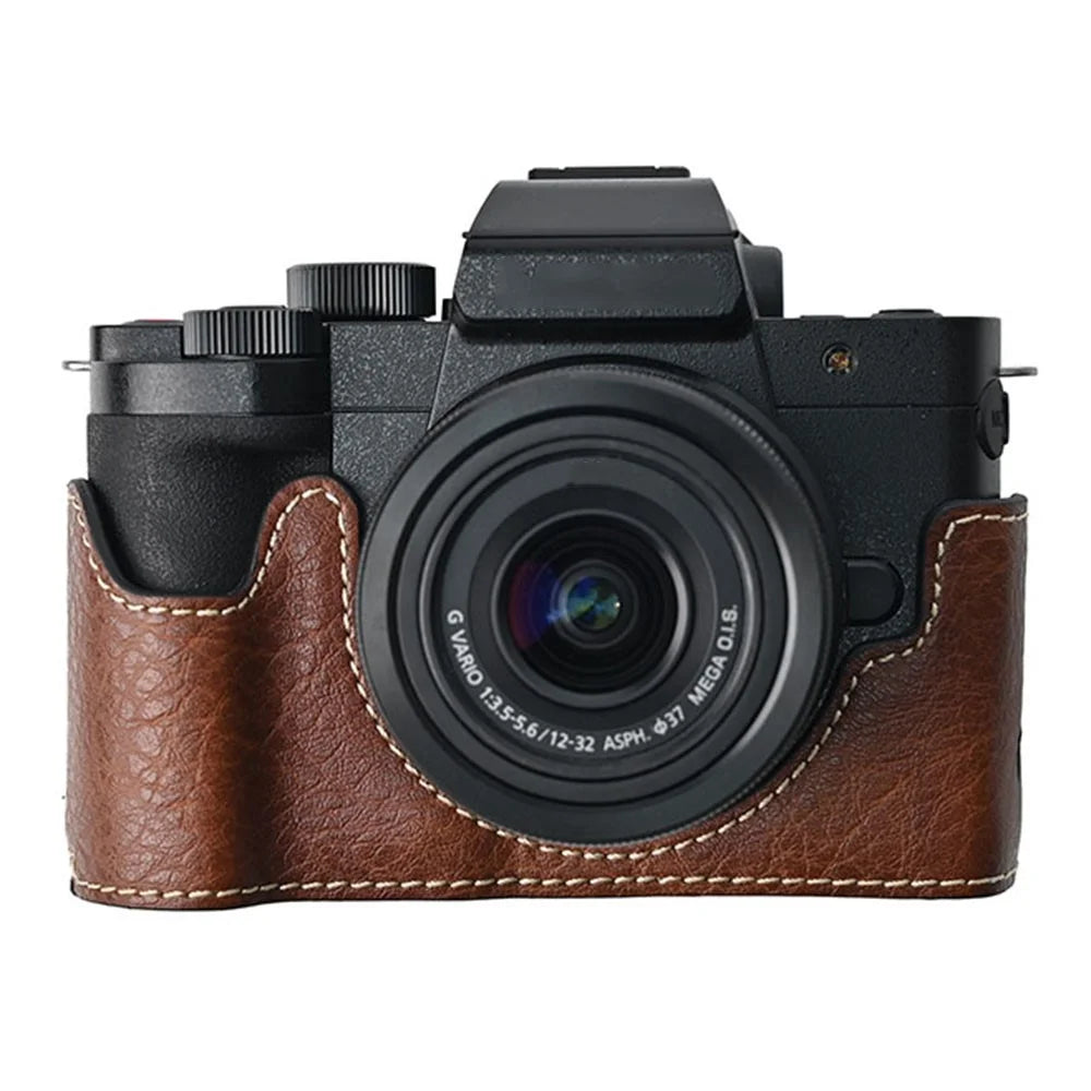 For Panasonic Lumix G100K Camera Case with Shoulder Strap Large Cutout Litchi Texture PU Protective Cover - Coffee - 2