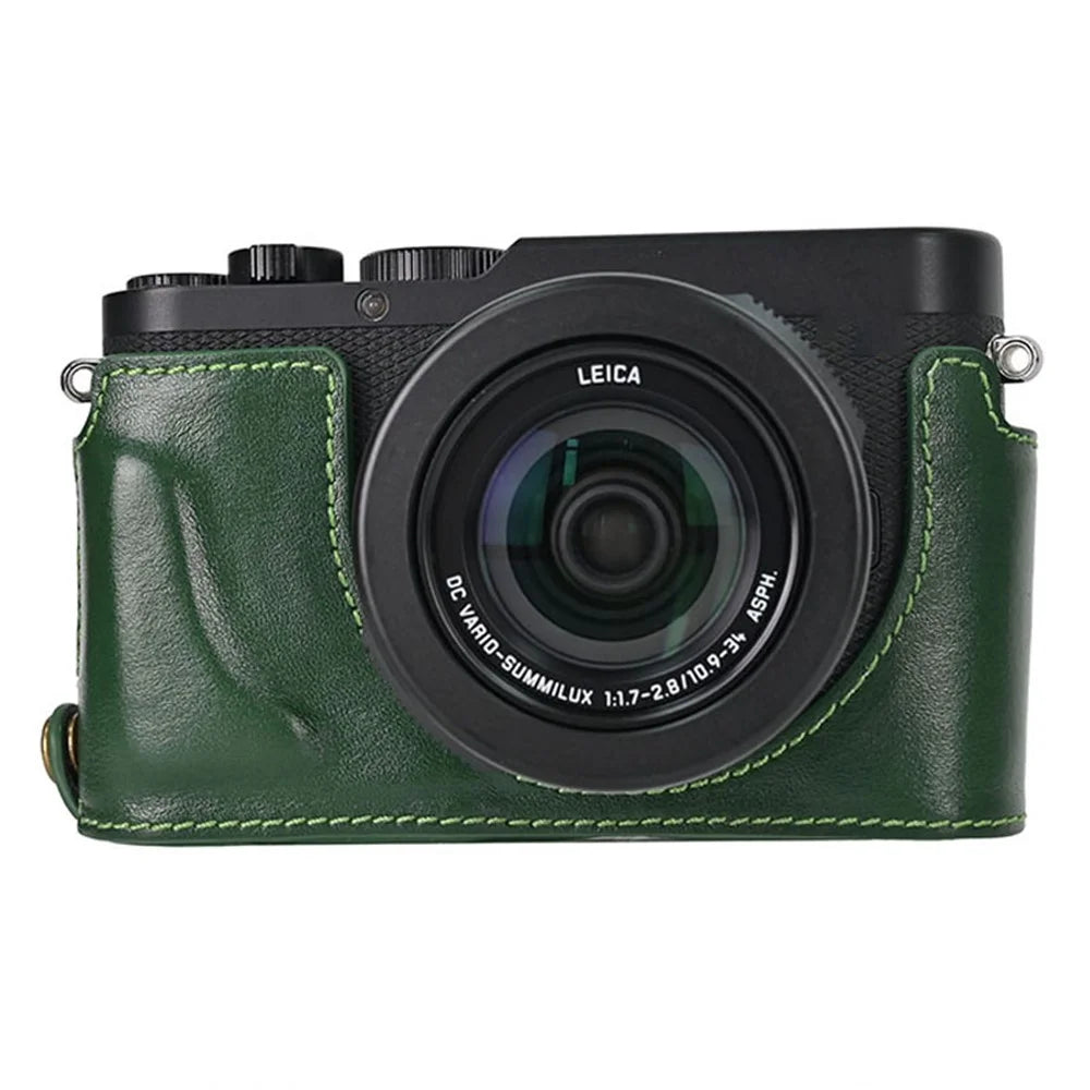 For Leica D-Lux 8 Case with Shoulder Strap, Lens Cap Genuine Leather Camera Protective Cover - Green - 4