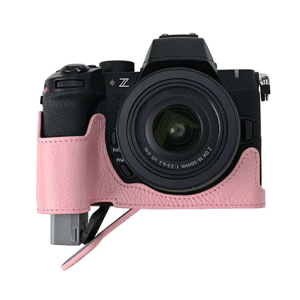 For Nikon Z 50 II Camera Case with Lens Cap Genuine Cow Leather Protective Cover - Pink - 6