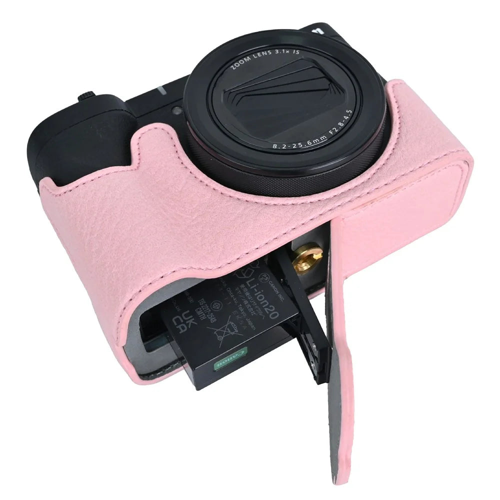 For Canon PowerShot V1 Camera Half Case Litchi Texture Battery Opening PU Leather Cover with Shoulder Strap - Pink - 4