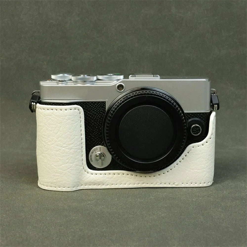 For Olympus PEN E-P7 Camera Bottom Case Buffalo Texture Battery Opening PU Leather Half Cover with Shoulder Strap - White - 2