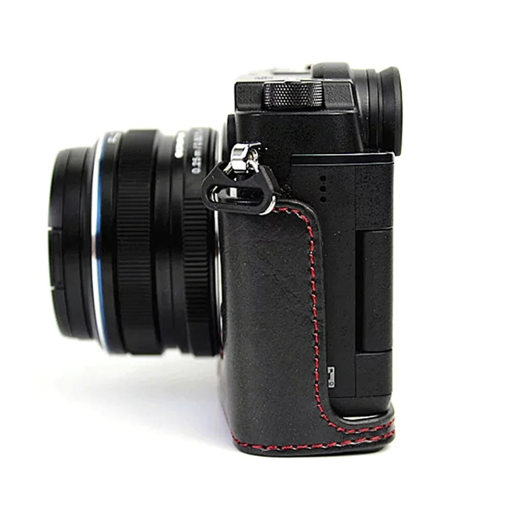 For Olympus PEN-F Digital Camera PU Leather Protective Case Half Body Cover with Bottom Opening - Black - 4