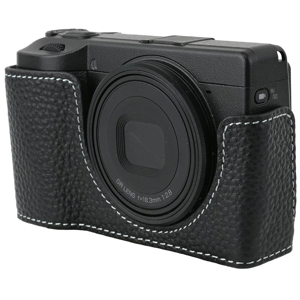 For Ricoh GR III  /  GR IV Camera Case Genuine Leather Base with Shoulder Strap and Tripod Screw Hole - Black - 4
