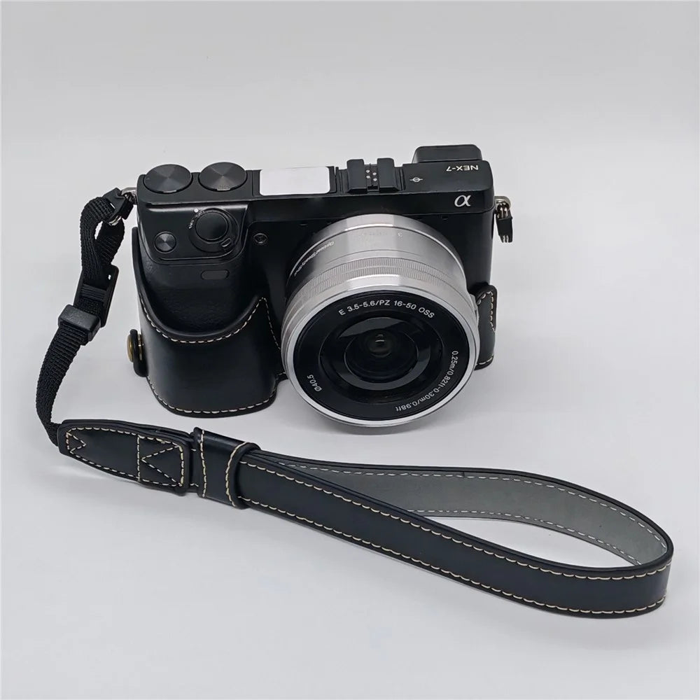 For Sony NEX-7 / NEX-6 PU Leather Camera Case Battery Opening Design Half Body Cover with Hand Strap - Black - 3