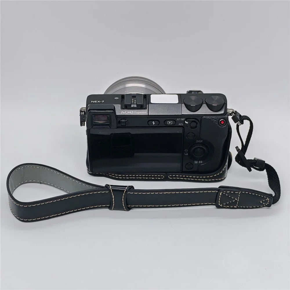 For Sony NEX-7 / NEX-6 PU Leather Camera Case Battery Opening Design Half Body Cover with Hand Strap - Black - 4