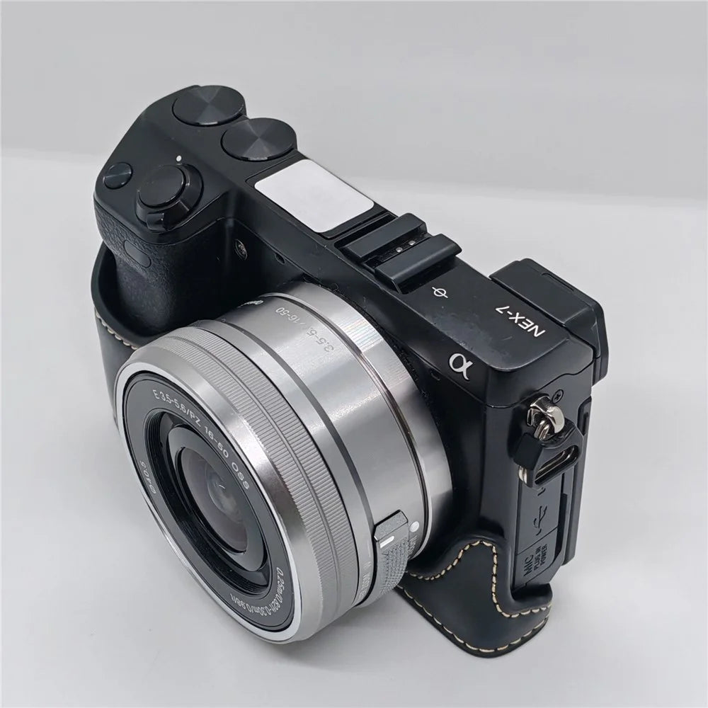 For Sony NEX-7 / NEX-6 PU Leather Camera Case Battery Opening Design Half Body Cover with Hand Strap - Black - 5