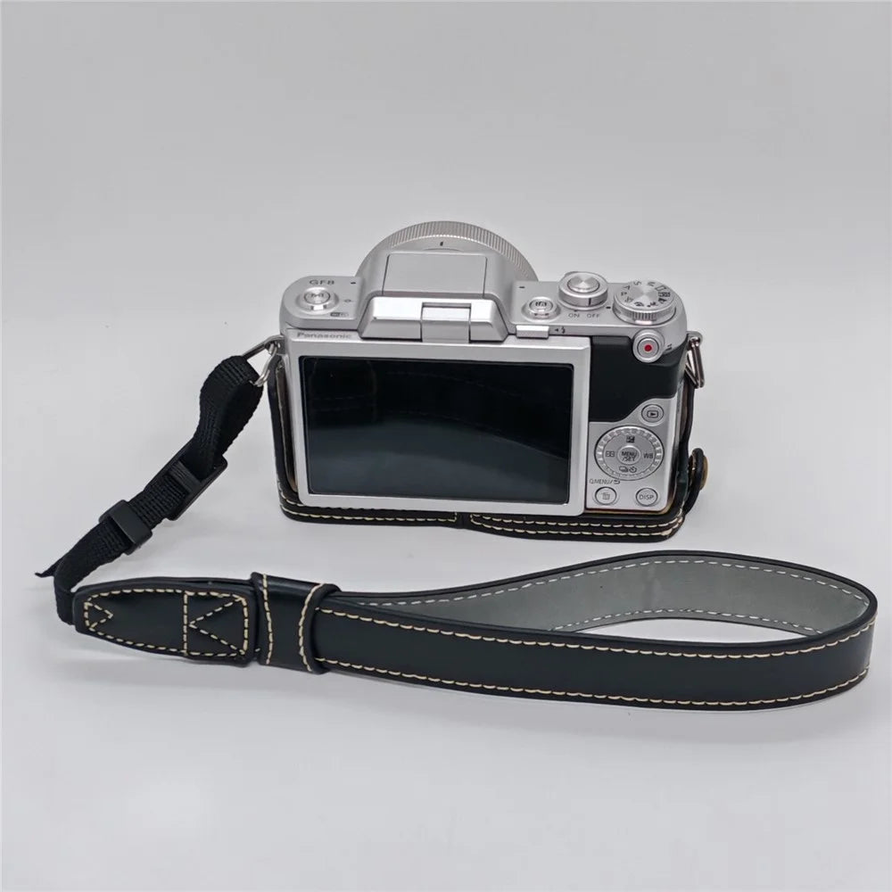 Camera Grip Case for Panasonic GF7  /  GF8  /  GF9  /  GF10 PU Leather Half Case with Wrist Strap Bottom Opening Design - Black - 2