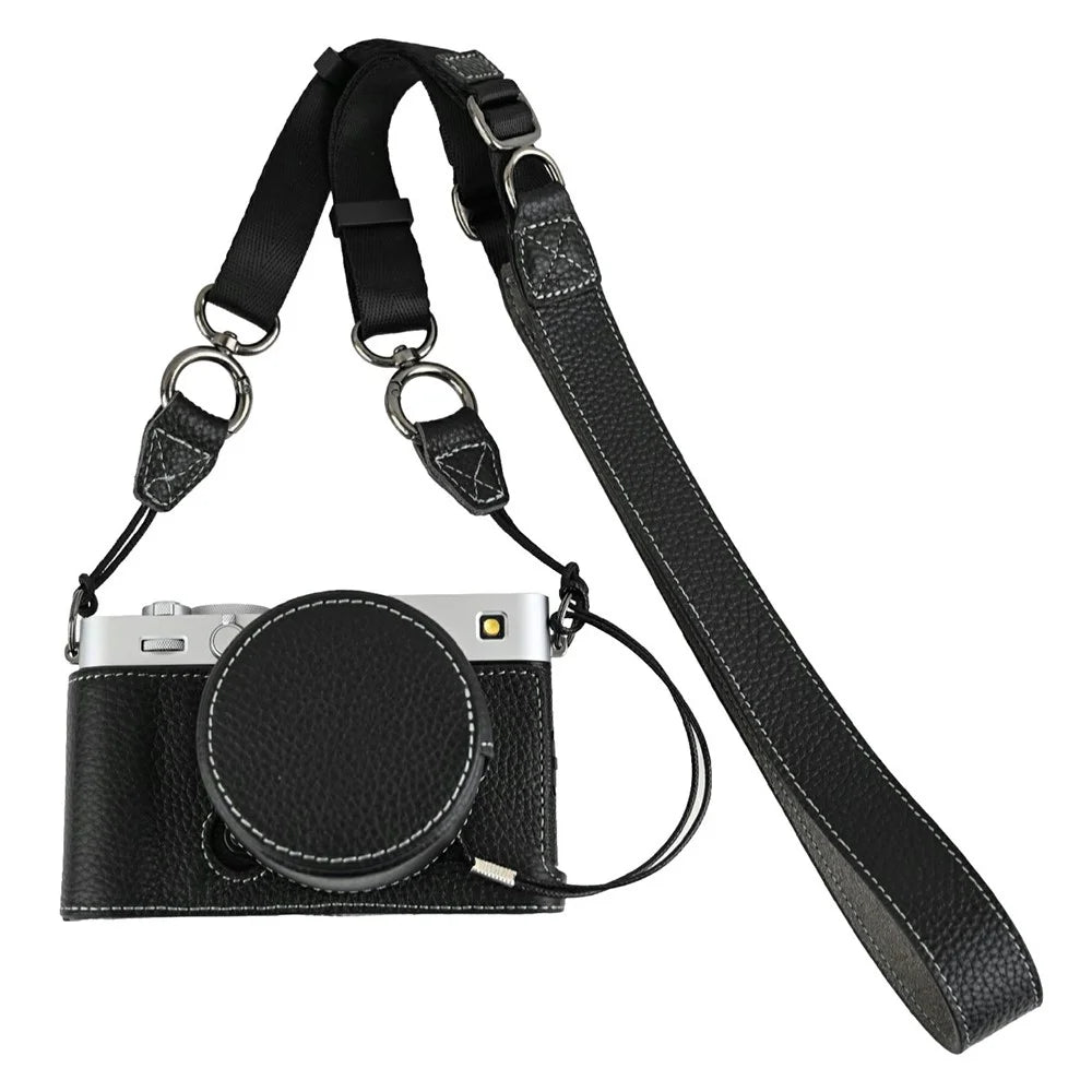 For Fujifilm X-E5 Camera Case Genuine Cow Leather Protective Cover with Lens Cap + Shoulder Strap - Black - 1