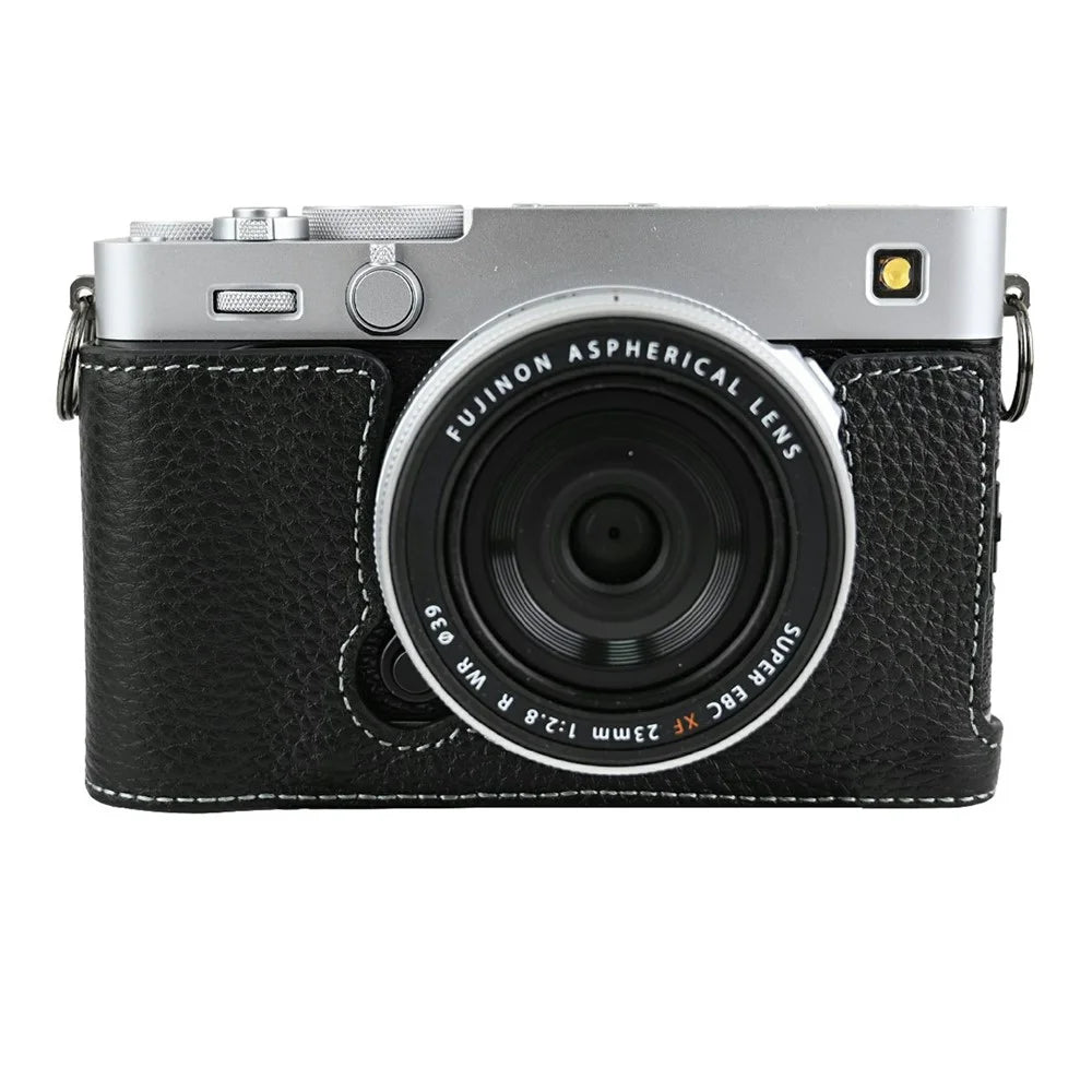 For Fujifilm X-E5 Camera Case Genuine Cow Leather Protective Cover with Lens Cap + Shoulder Strap - Black - 3