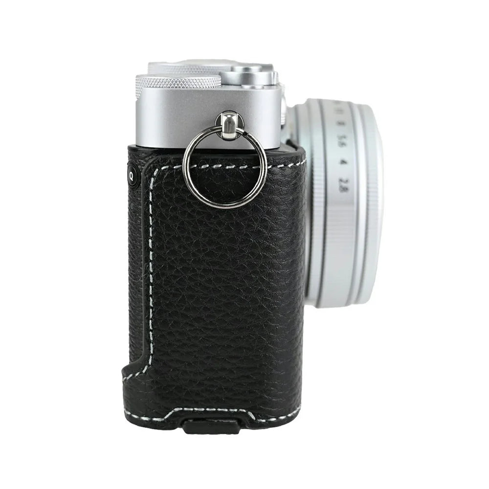 For Fujifilm X-E5 Camera Case Genuine Cow Leather Protective Cover with Lens Cap + Shoulder Strap - Black - 4