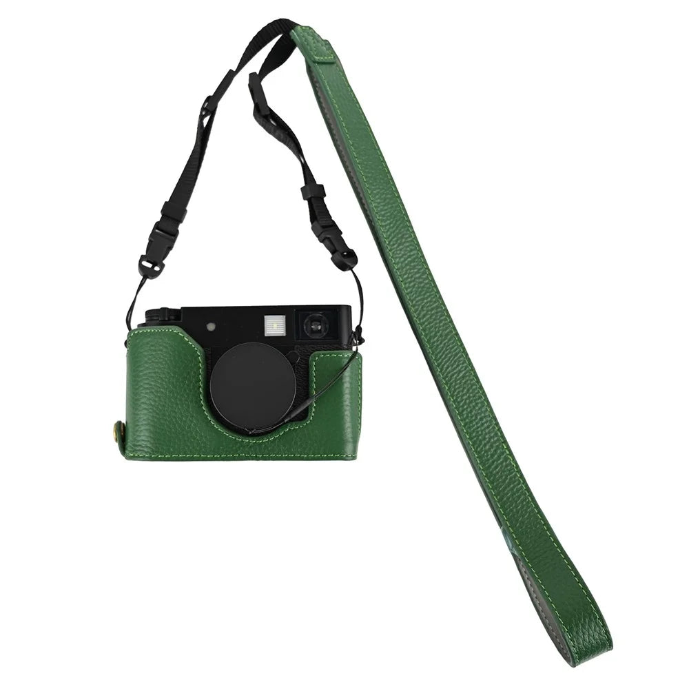 For Fujifilm X Half Genuine Cow Leather Protective Cover Camera Case with Battery Access and Shoulder Strap - Green - 1