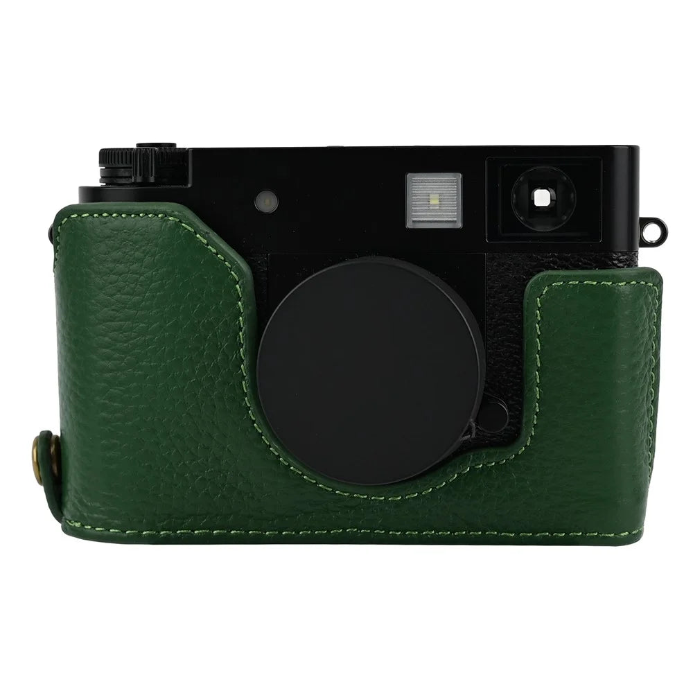 For Fujifilm X Half Genuine Cow Leather Protective Cover Camera Case with Battery Access and Shoulder Strap - Green - 2