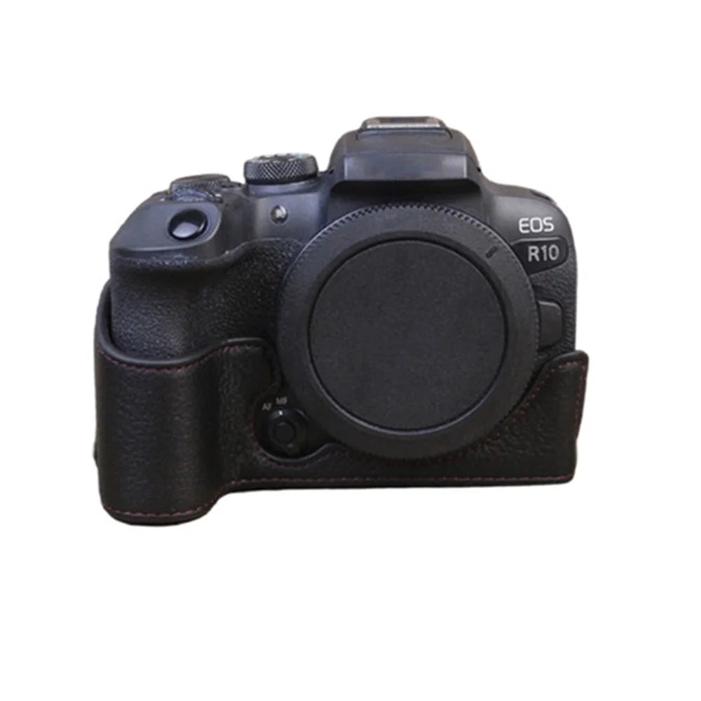 Genuine Leather Camera Bottom Case for Canon EOS R10, Anti-dust Camera Half Body Cover - Black - 1