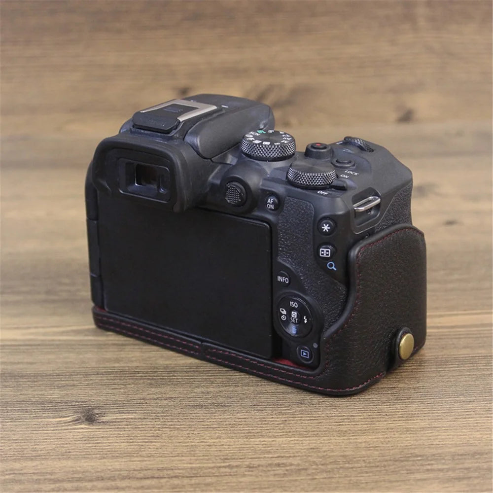 Genuine Leather Camera Bottom Case for Canon EOS R10, Anti-dust Camera Half Body Cover - Black - 4