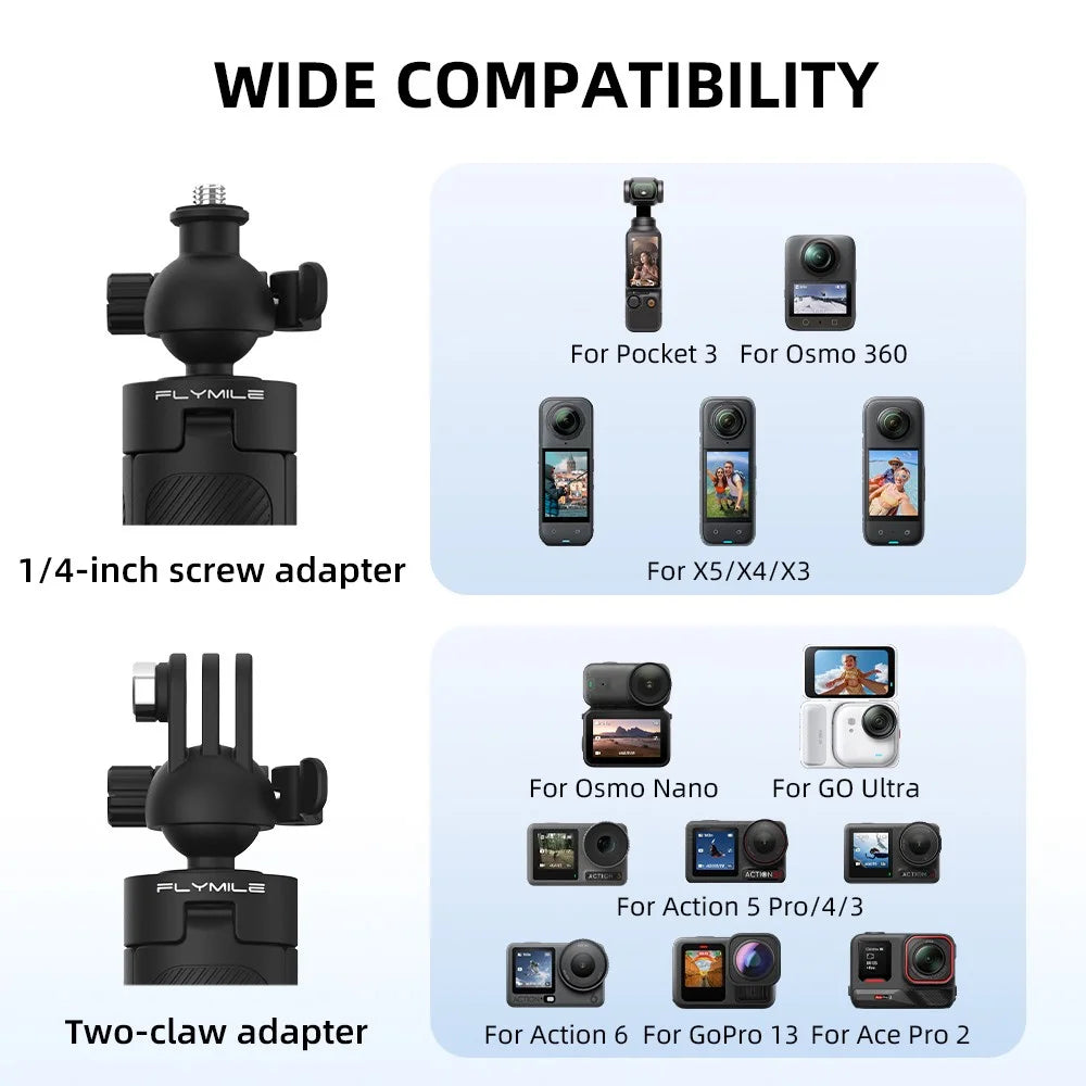 FLYMILE Action Camera Extension Tripod with 1 / 4 Interface, Ball Head 360-Degree Adjustable Telescopic Stand - Black - 5