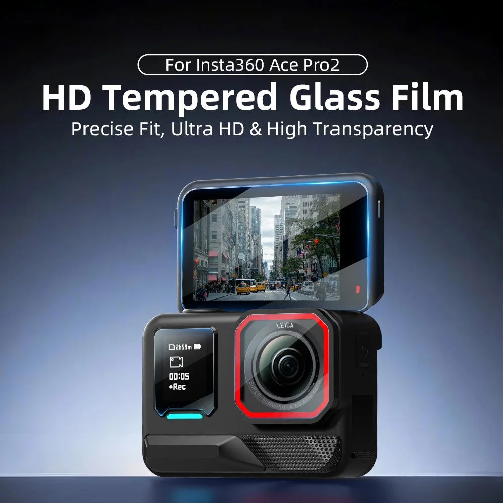 FLYMILE 1 Set For Insta360 Ace Pro 2 Camera Tempered Glass Screen Protector Front Rear Lens Film - Transparent - 2
