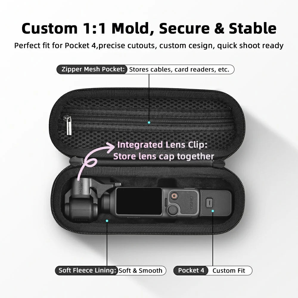 BRDRC Carrying Case for DJI Osmo Pocket 4 Nylon Hard Shell Protective Storage Bag with Wrist Strap & Carabiner - Black - 4