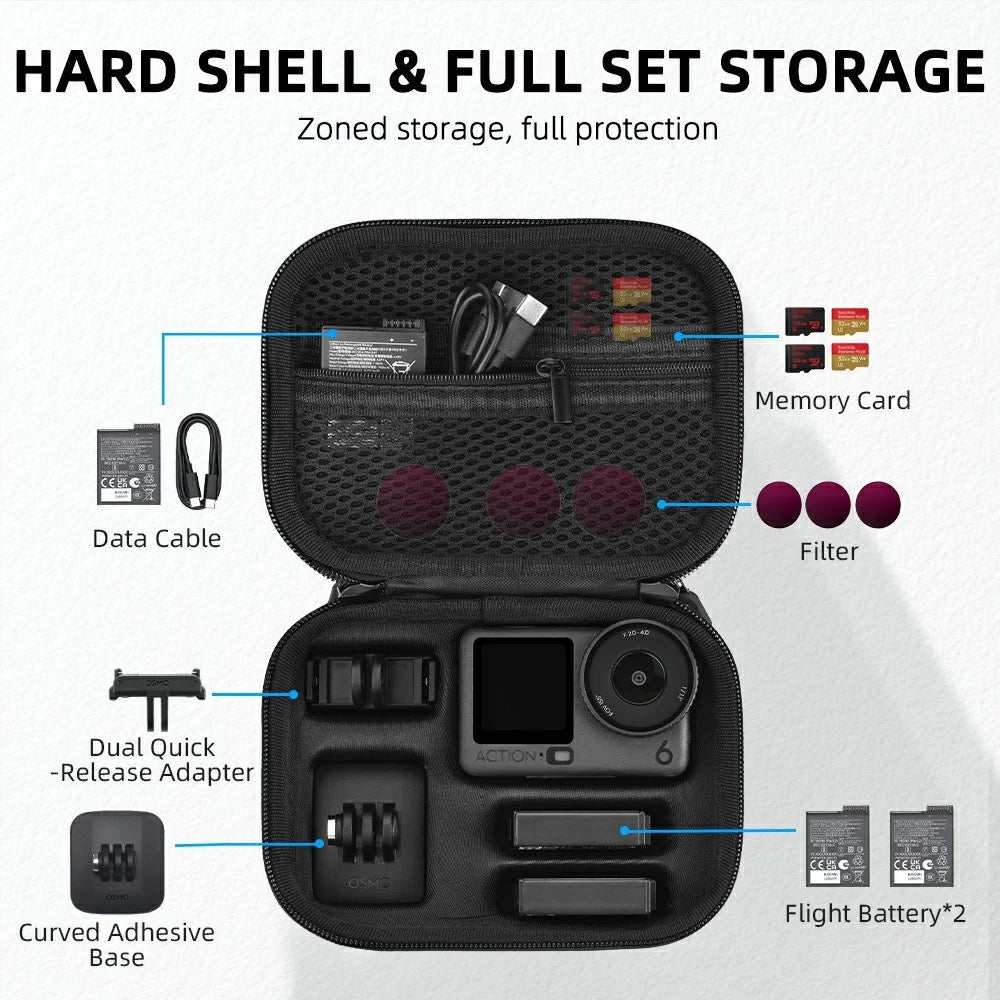 BRDRC Standard Kit Carrying Pouch for DJI Osmo Action 6  /  5 Pro  /  4 Hard Shell Case Shockproof Storage Bag with Wrist Strap & Carabiner - Black - 3