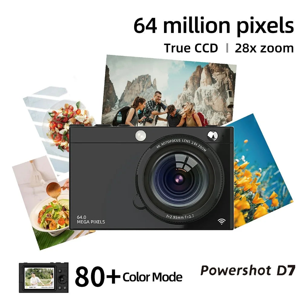 D7 Student Digital Camera 64MP HD CCD WiFi 4K Video Recorder Card Camera with 8GB Memory Card - Black - 2
