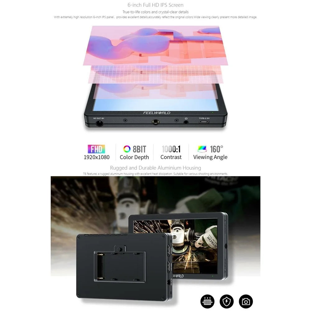 FEELWORLD T6 6 Inch Camera Monitor Aluminum DSLR / Mirrorless Camera External HD IPS Display for Photography - 5