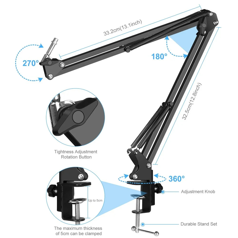 PULUZ PU612B Professional Studio Condenser Microphone USB Sound Card Set with Folding Arm Stand/Shock Mount for Live Streaming Recording Songs - 7