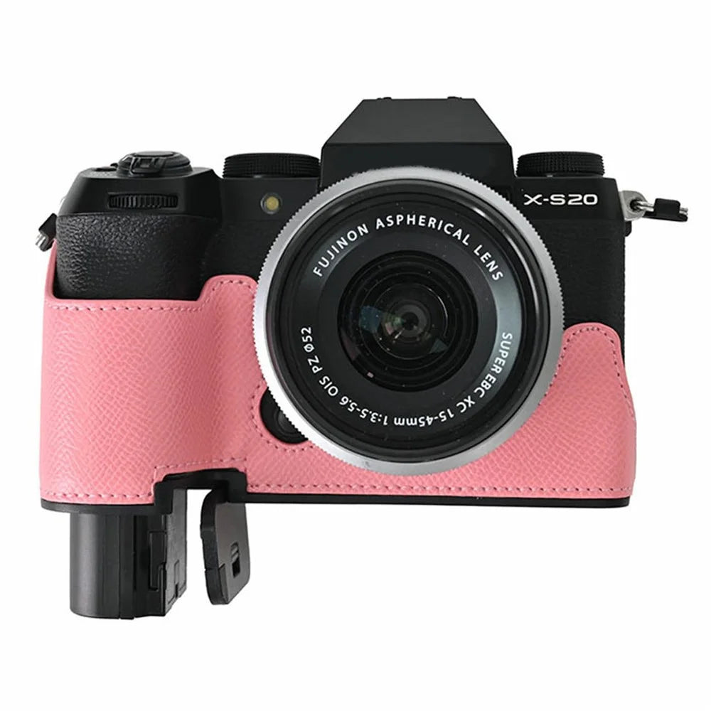 Camera Bottom Case for Fujifilm X-S20 Palm Texture PU Leather Lens Cap Camera Half Body Protective Cover Set and Wrist Strap - Pink - 3