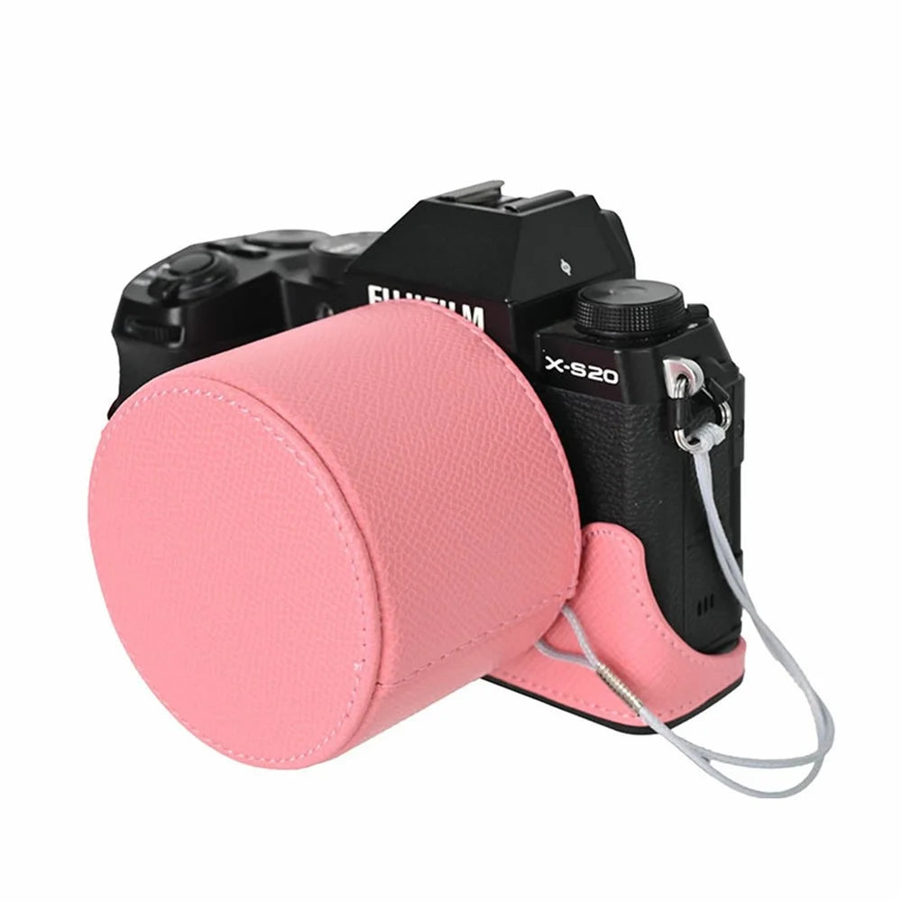 Camera Bottom Case for Fujifilm X-S20 Palm Texture PU Leather Lens Cap Camera Half Body Protective Cover Set and Wrist Strap - Pink - 4