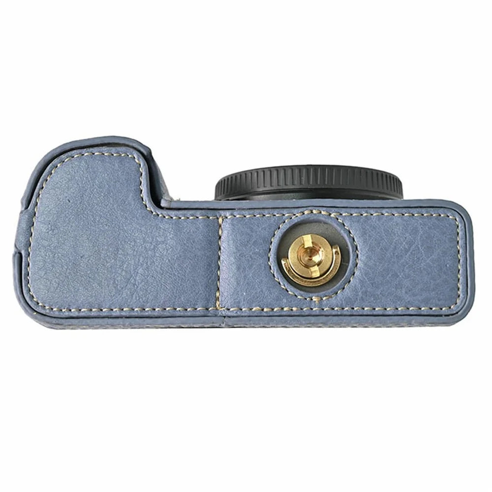 For Sony A6400 Camera Bottom Case PU Leather Lychee Texture Pattern Magnetic Base Half Cover Protective Shell with Battery Access - Navy Blue - 5