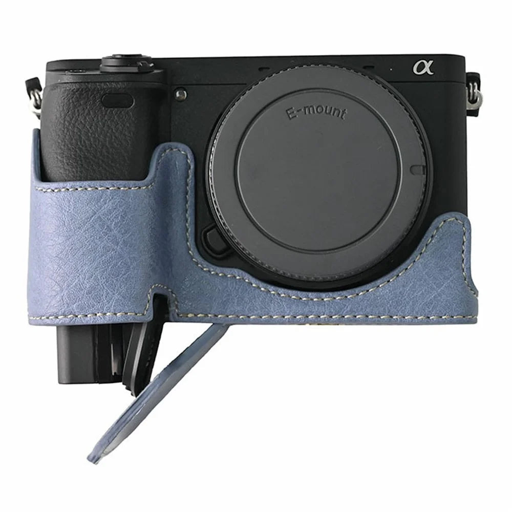 For Sony A6400 Camera Bottom Case PU Leather Lychee Texture Pattern Magnetic Base Half Cover Protective Shell with Battery Access - Navy Blue - 6