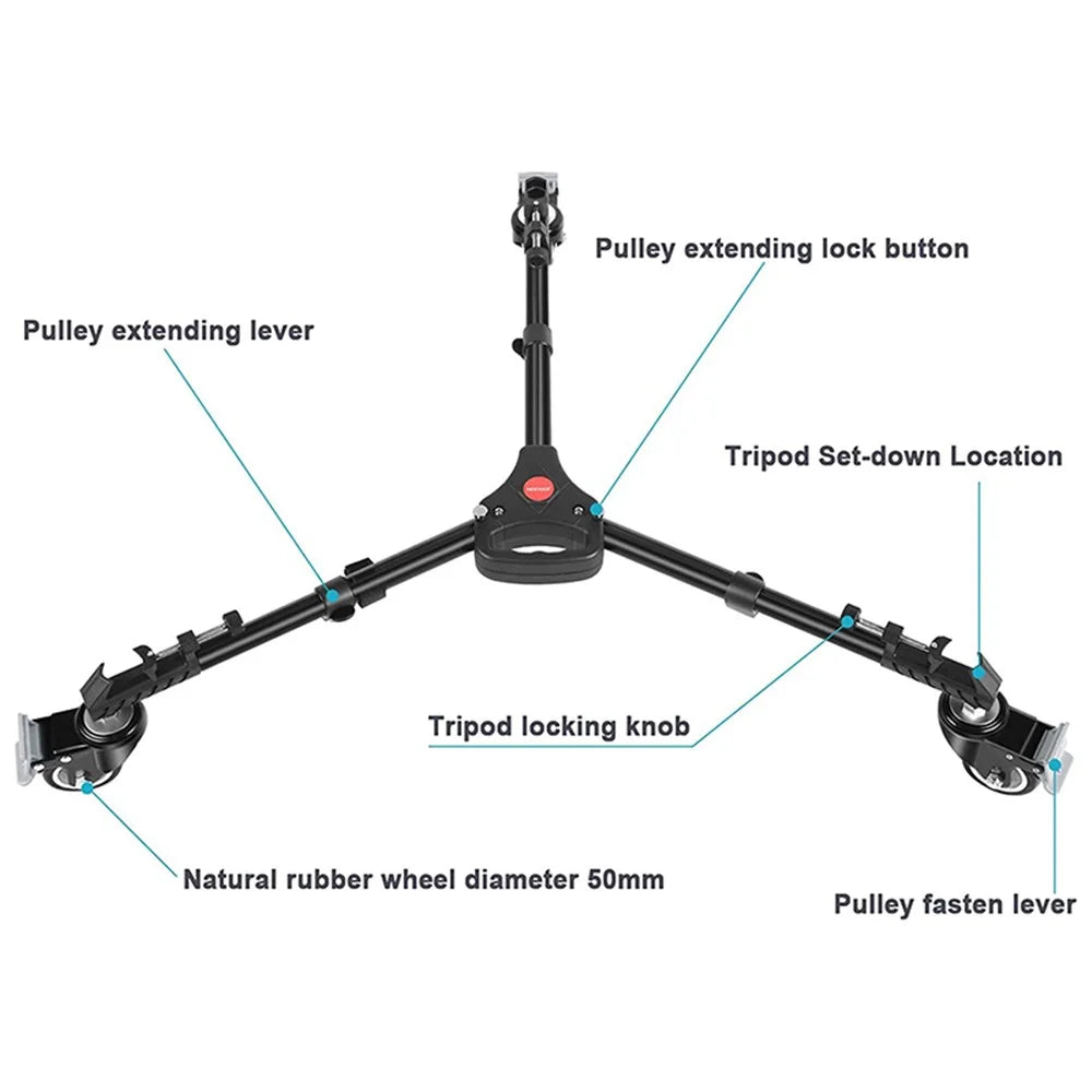 NEEWER NW-600 Large Size Photography Tripod Stretchable Pulley Stand Mute 3 Wheels Aluminum Alloy Pulley Base - 7