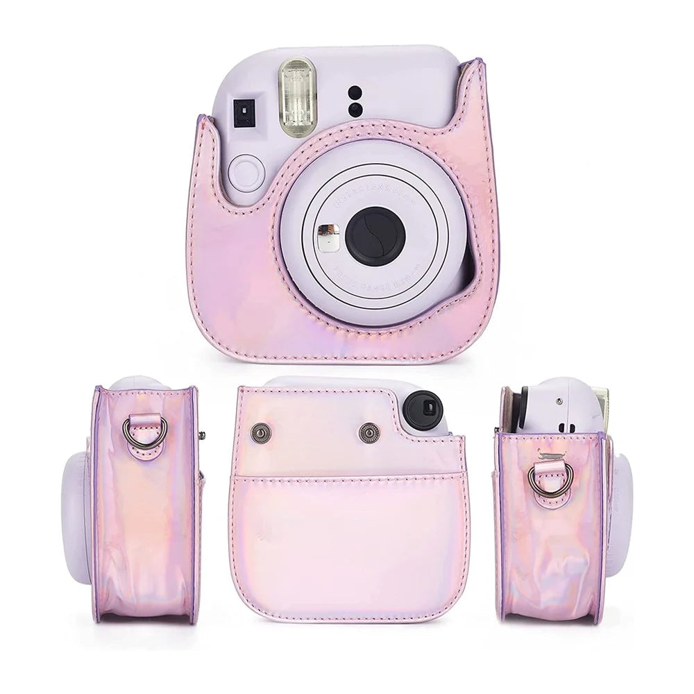 For Fujifilm Instax Mini 12 / 11 / 9 / 8 PU Leather Camera Case Cover Shoulder Bag with 3-inch Album - Aurora Pink - 3