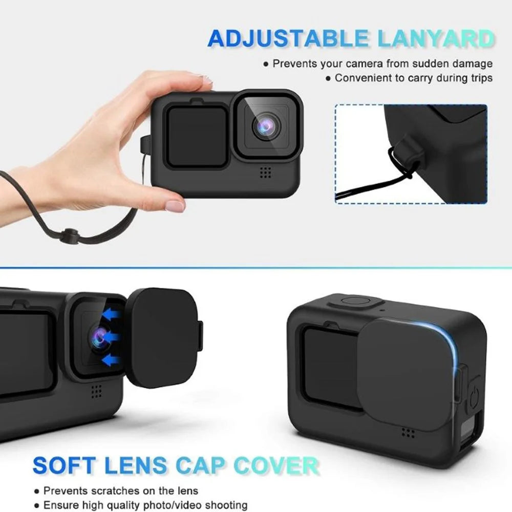 For GoPro Hero 9 / 10 / 11 / 12 Camera Soft Silicone Case Protector Body Sleeve Cover + Tempered Glass Screen Film + Lens Cap - 4