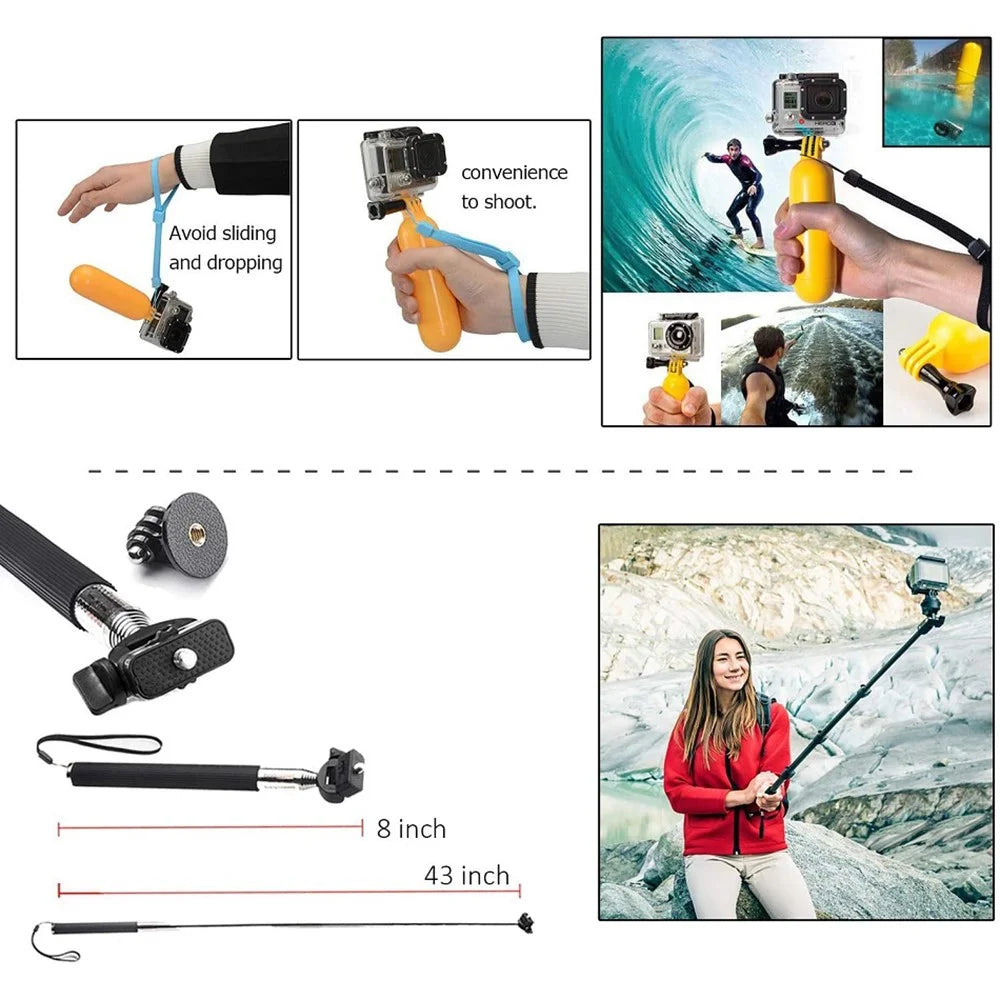 61-in-1 Universal Accessories Kit for GoPro Hero, DJI Osmo Action Camera Parts with Camera Bag, Tripod, Straps - Black - 2