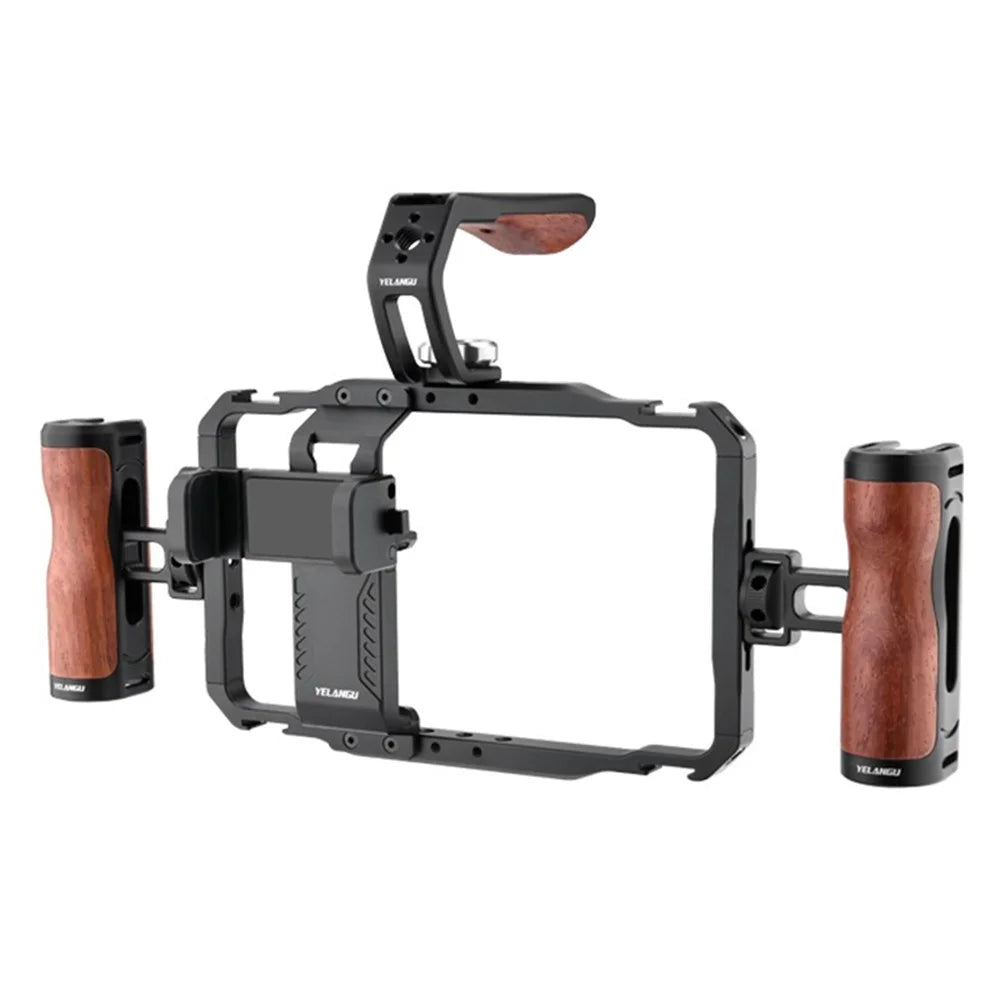YELANGU LW-B01A Aluminum Alloy Phone Cage Rig Wooden Handle Phone Video Stabilizer Grip with Power Bank Clip - 1