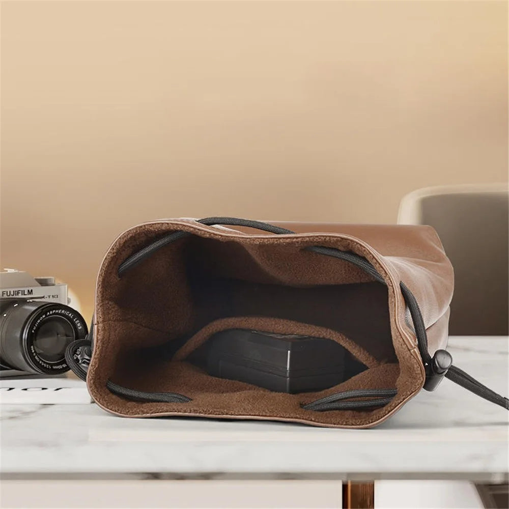 CWATCUN H60 Camera Lens Bag for Canon Nikon Sony PU Leather Drawstring Pouch, Size S - 3