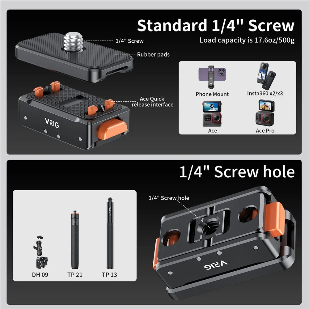 VRIG For Insta360 Ace Pro / DJI Osmo Action 4 / GoPro12 Magnetic Quick Release Plate Base Mount - 2