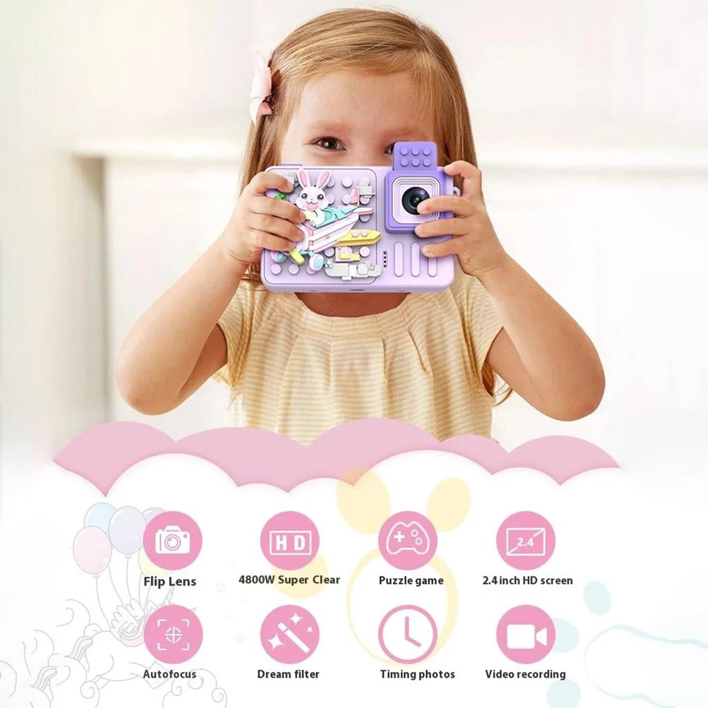 M1 Rabbit Building Block Toy Flip Lens Camera 2.4-inch Screen Kids Camera with Tripod + 32G TF Card + Card Reader - Purple - 2