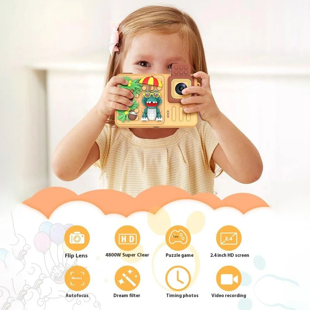 M1 Crocodile Building Block Toy Flip Lens Digital Camera 2.4-inch Screen Kids Camera with Tripod - Yellow - 2
