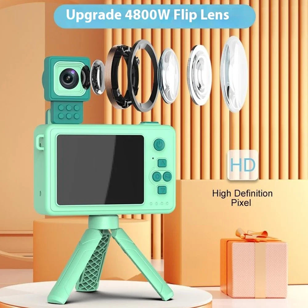 M1 Crocodile Building Block Toy Flip Lens Camera 2.4-inch Screen Kids Camera with Tripod + 32G TF Card + Card Reader - Yellow - 7