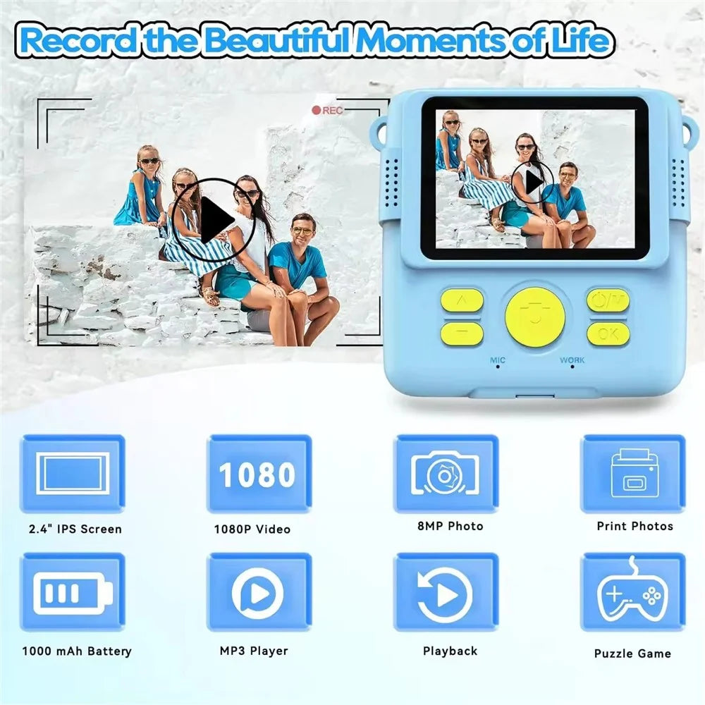 ABS-681 2.4 Inch IPS Screen Mini Kids Camera Instant Print Digital Camera HD 1080P Video Recorder - Blue - 5