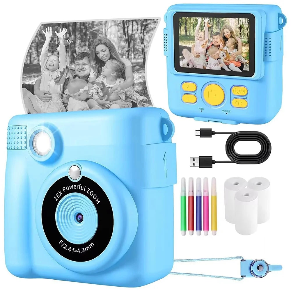 ABS-681 2.4 Inch IPS Screen Instant Print Mini Kids Camera HD 1080P Video Recorder with 32G Memory Card + Color Pens - Blue - 1